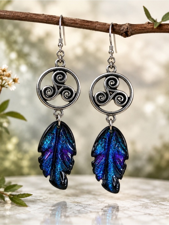 bee on the box Jewelry - Celtic Triskelion Leaf Earrings | Iridescent Glass Dangles | Premium Leverbacks